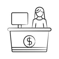 A sketchy style icon showing a cashier girl standing at checkout counter vector