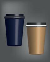Two coffee cups with lids on a gray background vector