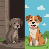 Dog Transformation From Sad to Happy Rescue Shelter Adoption Concept Illustration For Prints and Web vector