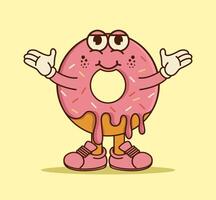 Retro donut cartoon character. Colorful, fun, and playful design ideal for bakery themes, logos, stickers, and vintage style cartoon vector