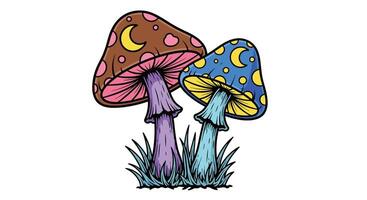 Two colorful mushrooms with the moon and stars on them vector