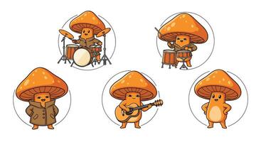 A set of mushroom characters with different instruments vector