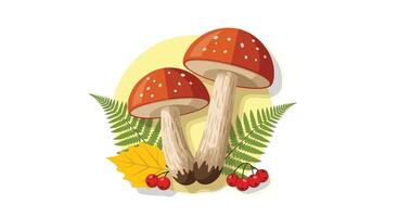 Two mushrooms with leaves and berries on a white background vector