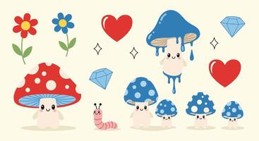 A set of cute mushrooms and other items vector