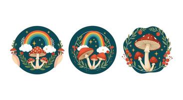 Three different mushrooms with a rainbow and a rainbow vector