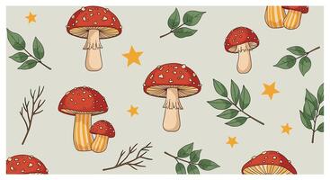 Mushrooms and leaves are shown in this pattern vector