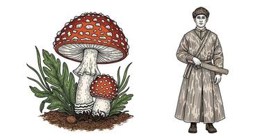 A man in a robe standing next to a mushroom vector