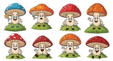 Cartoon mushrooms set with different poses and expressions vector