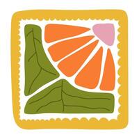 Hand-drawn colorful floral element in a decorative square frame with circular details. Abstract flower petals and leaf design. Perfect for scrapbooking, crafts, textile design, digital art, and decor. vector