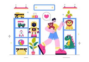 Toy Store Scene Featuring Teddy Bear, Rocket, Kite, and Toy Car in a Flat Cartoon Background vector