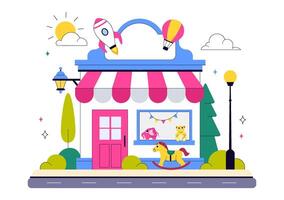 Toy Shop Illustration Featuring Colorful Toys and Games for Happy Kids in Flat Style vector