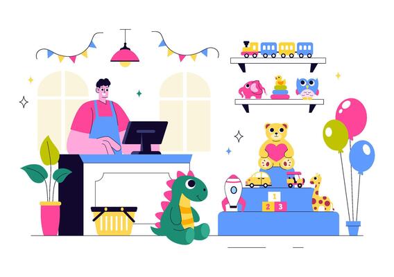 Children's Toy Shop Illustration with Fun Toys and Playful Atmosphere in Flat Style