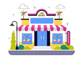 Illustration of Toy Store Displaying Trains, Kites, Rockets, and More in a Happy Kids Background vector