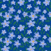 Seamless pattern with hand drawn blue flowers and green leaves on a deep navy background. Crayon texture gives a playful and cheerful feel. Template for kids design, fabric, stationery vector