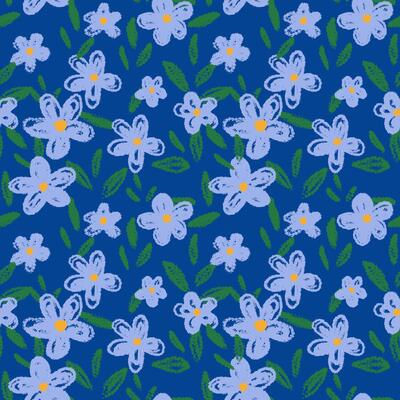 Seamless pattern with hand drawn blue flowers and green leaves on a deep navy background. Crayon texture gives a playful and cheerful feel. Template for kids design, fabric, stationery