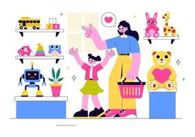 Illustration of a Toy Store with Rocket Toys, Teddy Bears, and Train Sets in a Flat Style vector