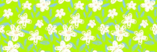 Seamless floral pattern with playful crayon style flowers and leaves on a vibrant green background. Template for kids textiles, stationery, wrapping paper, and cheerful designs vector