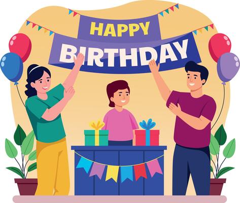 A flat style illustration showing birthday celebration