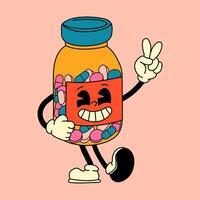 Groovy Retro Pill Jar Cartoon Character vector