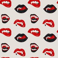 Seamless pattern with Glamorous set of vampire lips featuring blood red color and sharp fangs, offering a bold and dramatic look vector