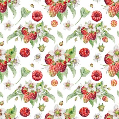 Raspberry mulberry flower buds, leaves, ripe forest garden berries bunch group, hand drawn in watercolor. Isolated seamless pattern. Dessert menu, farmers market grocery, wrapping paper, scrapbooking