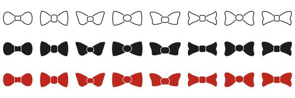 Bow Tie Icon Set In Line, Solid, And Color Styles. Fashion Accessory, Formal Wear, And Style Symbol Collection. Includes Outline, Silhouette, And Red Variations. Isolated Illustration vector