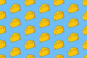 Cheese wedge seamless pattern on blue background. cheddar colorful doodle pattern background. cheeses slices isolated motif wallpaper. foods label, packaging and merchandise vector