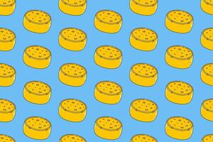 Cheese block seamless pattern on blue background. cheddar colorful doodle pattern background. cheeses wheels isolated motif wallpaper. foods label, packaging and merchandise vector