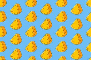Cheese slices seamless pattern on blue background. cheddar colorful doodle pattern background. cheeses wedges isolated motif wallpaper. foods label, packaging and merchandise vector