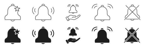 Notification Bell Icon Set. Alert, Reminder, And Mute Functionality Outline And Silhouette Symbol Collection. Includes Star, Hand, And Cross Variations. Isolated Illustration vector