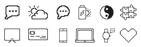Pixel Art Icon Set Featuring Communication, Technology, And Wellness Symbols. Includes Speech Bubbles, Cloud, Battery, Yin Yang, Puzzle, Screen. Isolated Illustration vector