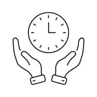 Hands Holding Clock Line Icon. Time Management, Efficiency, And Productivity Outline Symbol. Prioritizing Tasks And Scheduling. Editable Stroke. Isolated Illustration vector