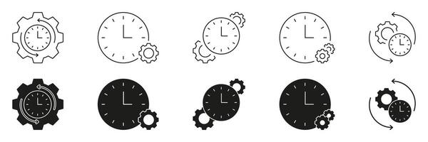 Clock And Gear Line And Solid Icon Set. Time Management, Efficiency, And Process Optimization Symbol Collection. Workflow And Productivity Enhancement. Isolated Illustration vector