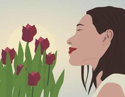 A woman enjoys the aroma of tulips against the backdrop of the sun. The image conveys a feeling of spring, harmony, peace and feminine tenderness. vector