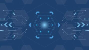 Futuristic blue tech background featuring a glowing hexagon core with circuit lines and arrows ideal for digital technology themes and interface design projects vector