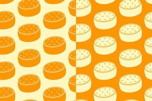 Cheese block silhouette seamless pattern on yellow white background. Cheese wheel glyph doodle pattern background. Cheddar retro filled isolated motif wallpaper. foods label, packaging and merchandise vector