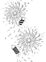 Firework Seamless vertical border. graphic line ink illustration. black and white New Year frame, Christmas firecracker sparkle stars. Festive holiday rocket vector