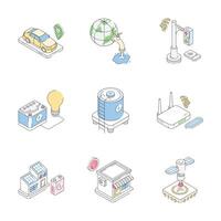 Check out handy set featuring future city isometric outline icons vector