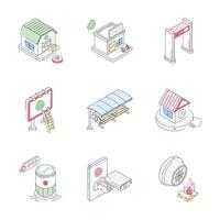 Well crafted pack of isometric outline icons showing futuristic city concepts vector