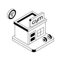 Trendy isometric icon of gym building with dumbbell. vector