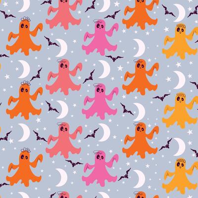 Halloween Ghosts in Bright Colors with Moons and Bats. Fun and spooky night pattern with orange, pink and yellow spirits perfect for invitations, cards, posters, holidays