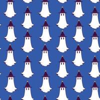Witch Hat Ghosts Seamless Pattern on Deep Blue Background. Minimal Halloween design with floating spirits wearing pointed hats perfect for invitations, cards, posters, holidays vector