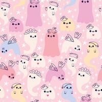 Cute Pastel Ghosts with Quirky Decorations in Hand Drawn Style. Soft Halloween seamless pattern for kids. Charming and friendly ghost characters with stars and subtle colors perfect for cards vector