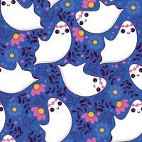 Seamless Pattern with Playful White Ghosts with Floral Headbands and Flowers. Colorful floral background with floating ghosts on deep blue background perfect for invitations, cards, posters, holidays vector