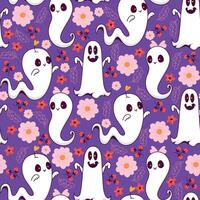 Happy Ghosts with Flowers, Berries and Leaves on Purple Background. Happy Halloween seamless pattern with cheerful spirits and blooming flowers perfect for cards, patterns, print, web vector