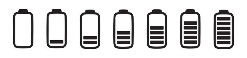 Set of battery icons showing different charge levels, black silhouette on white background. concept of energy, power, charging, technology, renewable energy, design elements vector