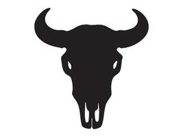 Black silhouette of a buffalo or yak skull with wide curved horns, isolated on white background, graphic illustration. Concept of wild animal skeleton, tribal hunting symbol, design element vector
