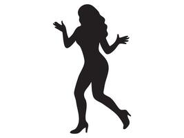 Black silhouette of a woman in a dancing pose, isolated on white background, graphic illustration. concept of dance, movement, female figure, art, silhouette design element vector