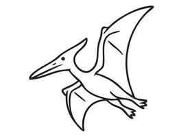 Black outline of flying Pteranodon with long wings and head crest, isolated on white background, graphic illustration. Concept of prehistoric pterosaur, jurassic flying reptile, design element vector