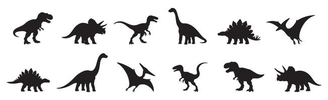 Set of Black silhouette of various dinosaurs in different poses, isolated on white background, graphic illustration. concept of prehistoric, extinct animals, paleontology, Icon Collection vector